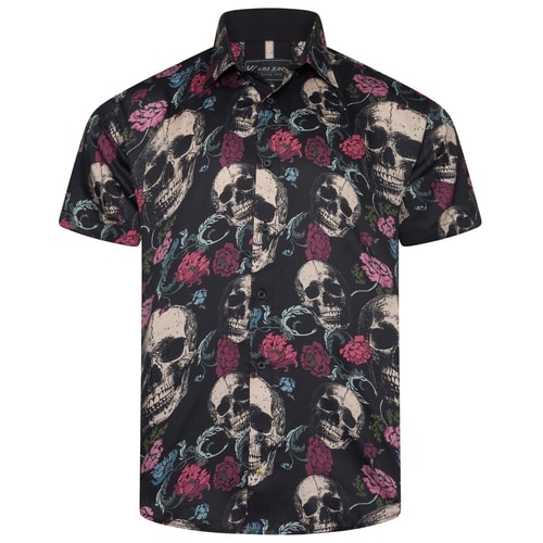 KAM Floral Skull  Print Shirt Black